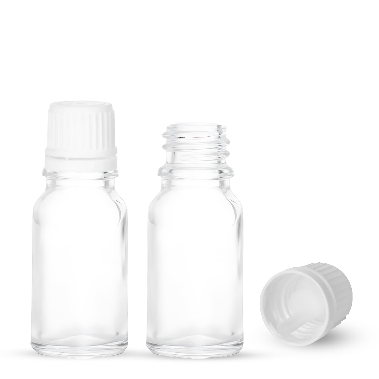 10ml Clear Euro Round + 18-415 White Tamper-Evident Orifice Reducer Caps