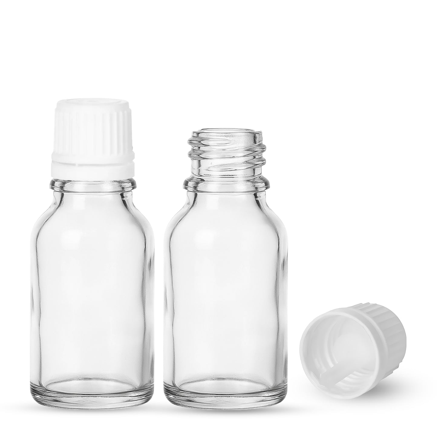 15ml Clear Euro Round + 18-415 White Tamper-Evident Orifice Reducer Caps (312 Sets per Case)