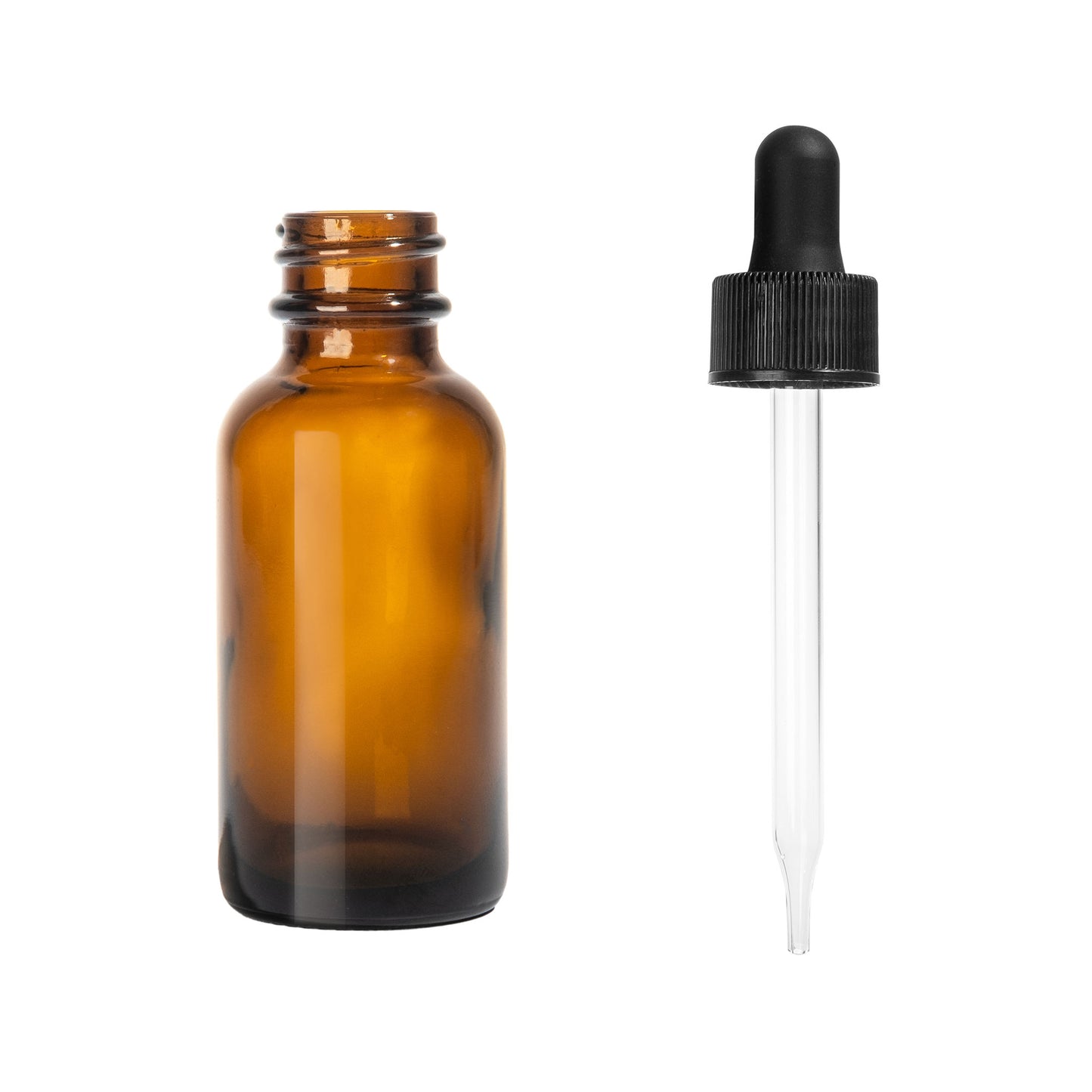 1oz Boston Round Amber + 20-400 Black Glass Dropper Assembly -- (720 Sets per Case) - Cosmetic Pack