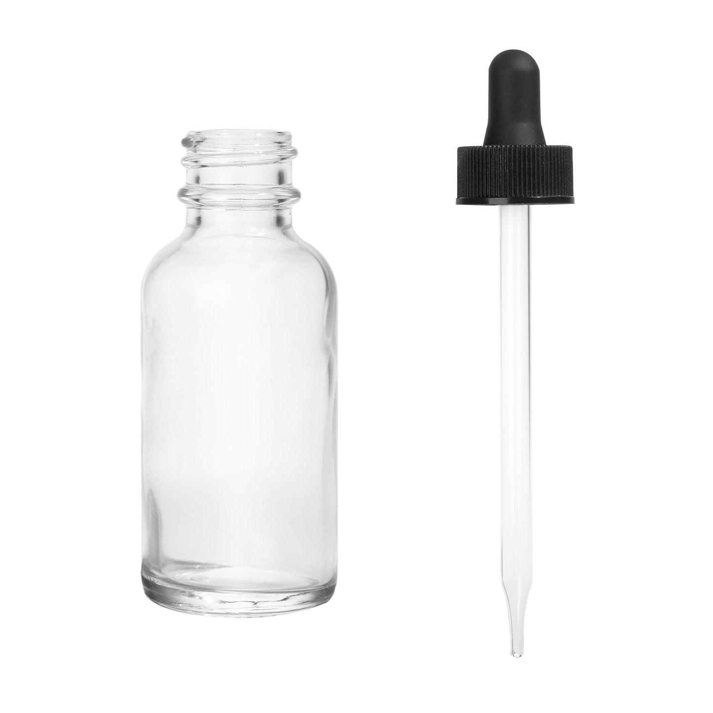 1oz Boston Round Flint + 20-400 Black Glass Dropper Assembly -- (720 Sets per Case) - Cosmetic Pack