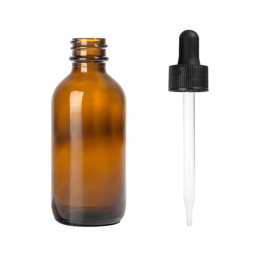 2oz Boston Round Amber + 20-400 Black Glass Dropper Assembly -- (480 Sets per Case) - Cosmetic Pack