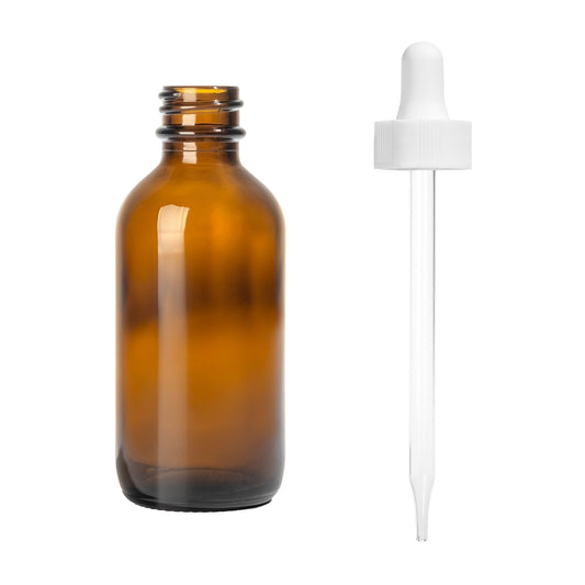 2oz Boston Round Amber + 20-400 White Glass Dropper Assembly -- (480 Sets per Case) - Cosmetic Pack