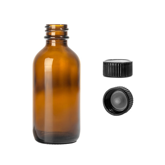 2oz Boston Round Amber + 20-400 Black Standard Screw-Cap -- (480 Sets per Case) - Cosmetic Pack