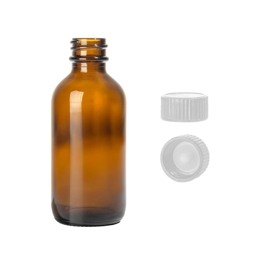 2oz Boston Round Amber + 20-400 White Standard Screw-Cap -- (480 Sets per Case) - Cosmetic Pack