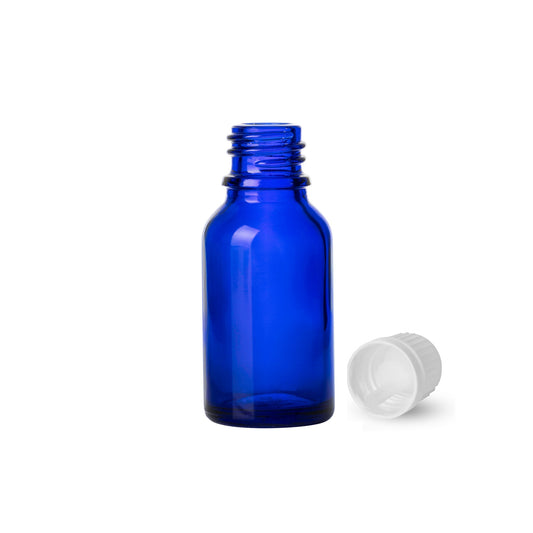 15ml Cobalt Blue Euro Round + 18-415 White Tamper-Evident Orifice Reducer Caps (256 Sets per Case) - Cosmetic Pack