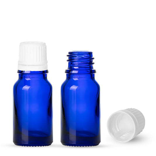 10ml Cobalt Blue Euro Round + 18-415 White Tamper-Evident Orifice Reducer Caps (256 Sets per Case) - Cosmetic Pack