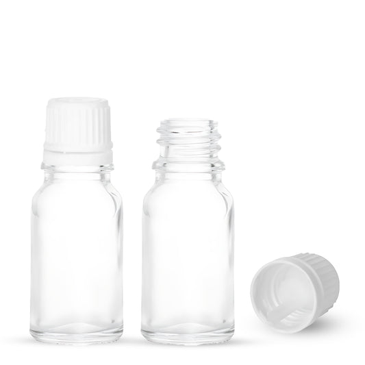 10ml Clear Euro Round + 18-415 White Tamper-Evident Orifice Reducer Caps 