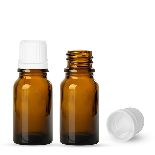 10ml Amber Euro Round + 18-415 White Tamper-Evident Orifice Reducer Caps 