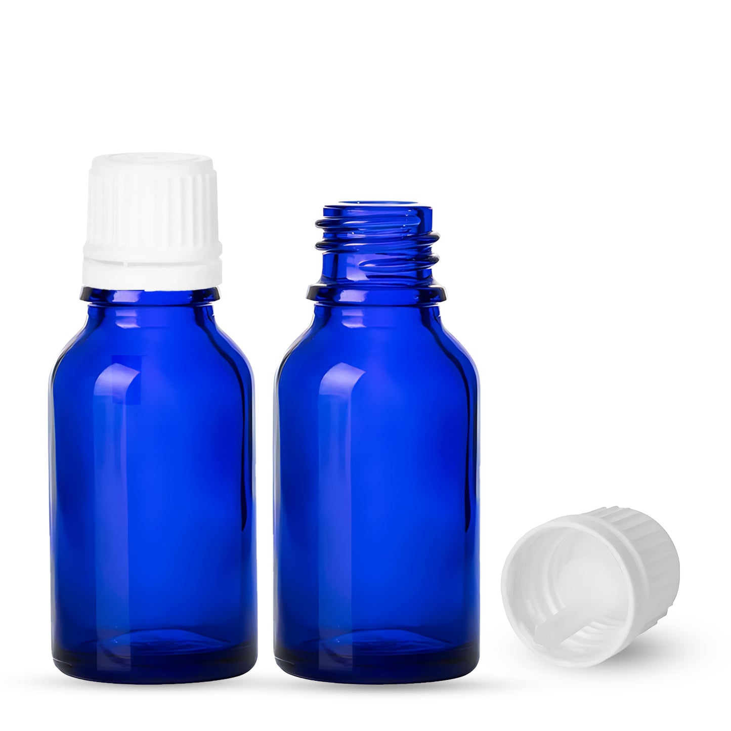 15ml Cobalt Blue Euro Round + 18-415 White Tamper-Evident Orifice Reducer Caps (256 Sets per Case) - Cosmetic Pack