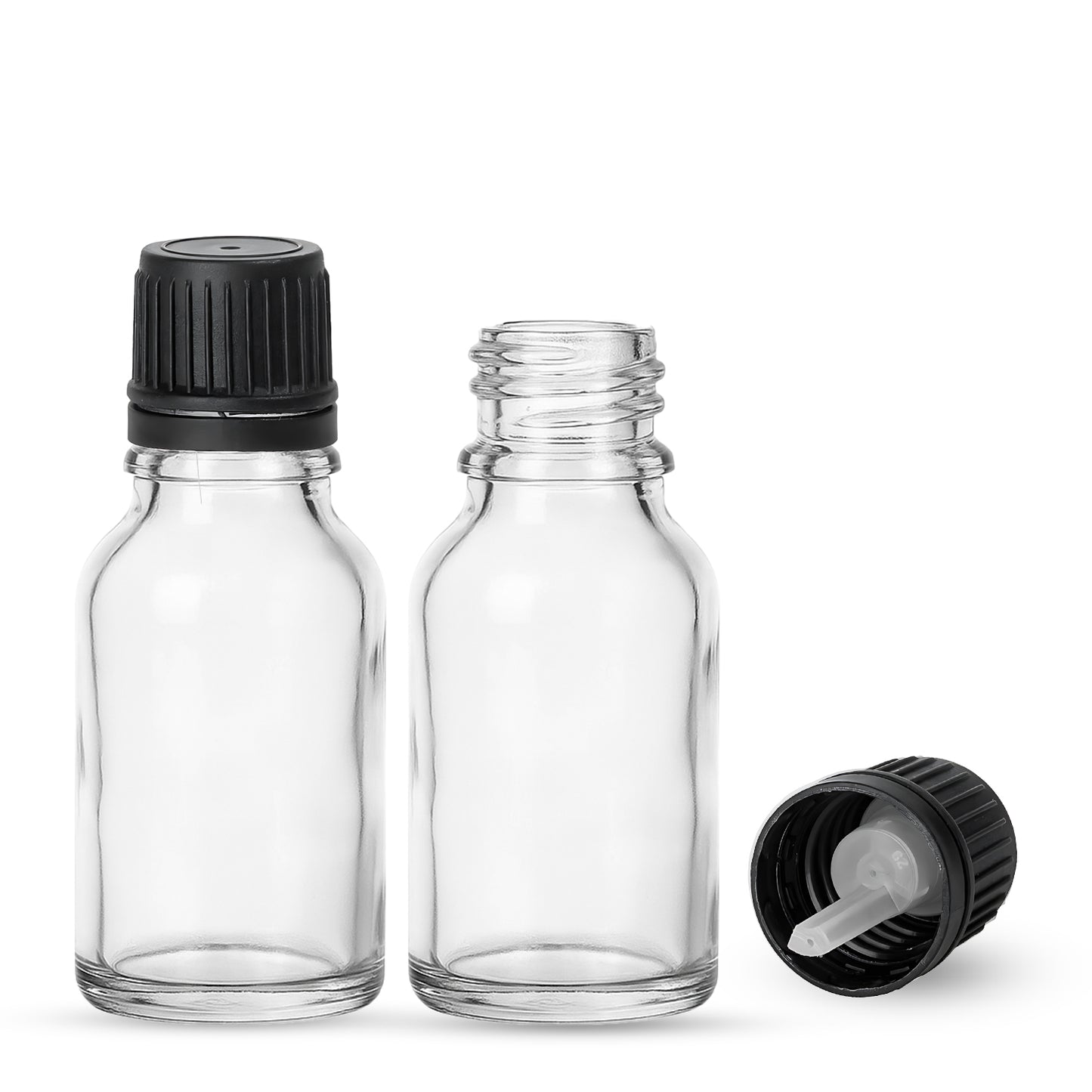 15ml Clear Euro Round + 18-415 Black Tamper-Evident Orifice Reducer Caps (312 Sets per Case)