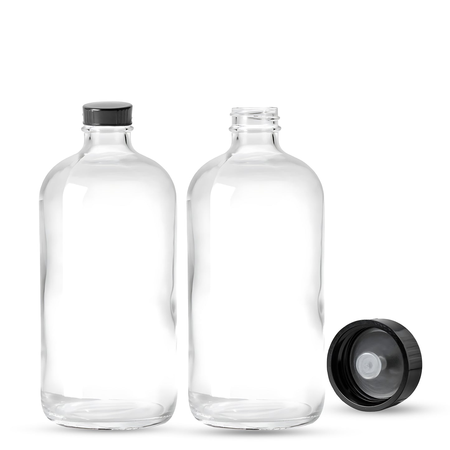 16oz Clear Boston Round +  Black Plastic Cap