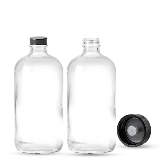16oz Clear Boston Round +  Black Plastic Cap
