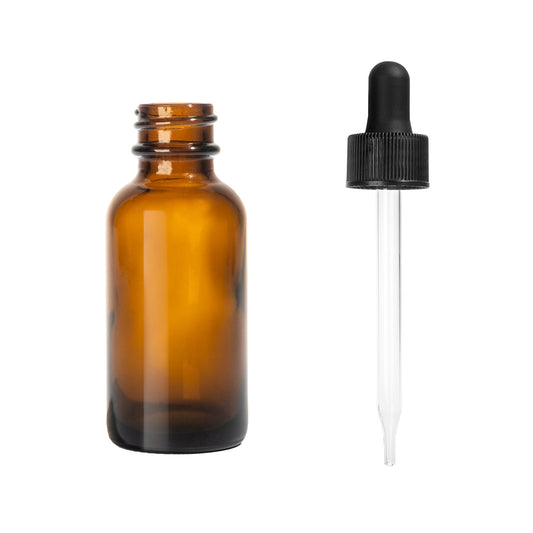 1oz Boston Round Amber + 20-400 Black Glass Dropper Assembly  -- (720 Sets per Case) - Cosmetic Pack