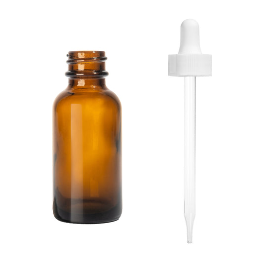 1oz Boston Round Amber + 20-400 White Glass Dropper Assembly  -- (720 Sets per Case) - Cosmetic Pack