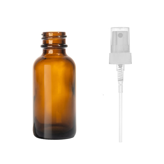 1oz Boston Round Amber + 20-400 White Fine-Mist Sprayer -- (720 Sets per Case) - Cosmetic Pack