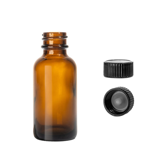 1oz Boston Round Amber + 20-400 Black Standard Screw-Cap -- (720 Sets per Case) - Cosmetic Pack