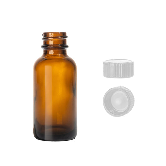 1oz Boston Round Amber + 20-400 White Standard Screw-Cap -- (720 Sets per Case) - Cosmetic Pack