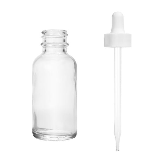 1oz Boston Round Flint + 20-400 White Glass Dropper Assembly  -- (720 Sets per Case) - Cosmetic Pack