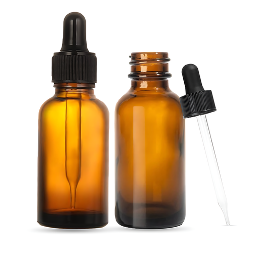 1oz Boston Round Amber + 20-400 Black Glass Dropper Assembly  -- (720 Sets per Case) - Cosmetic Pack