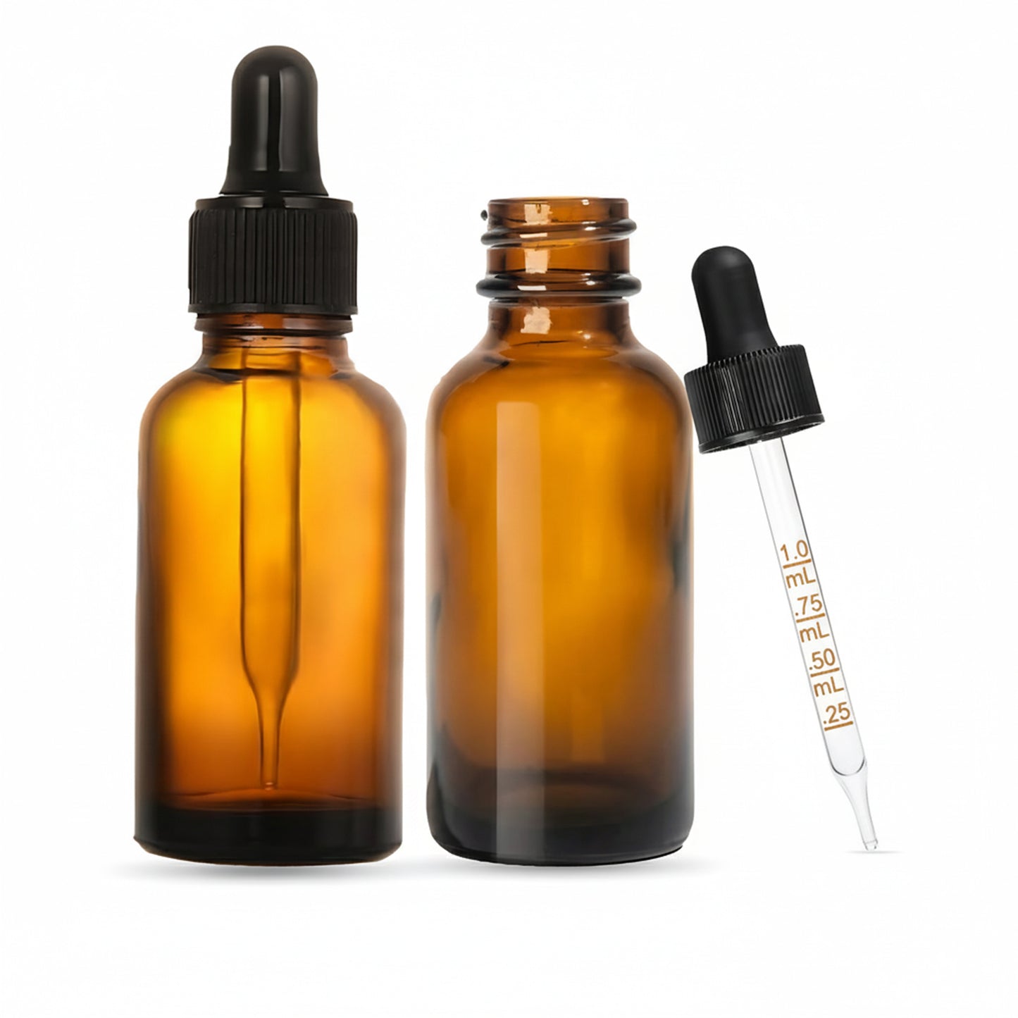 1oz/30ml Glass Amber Boston Round + Black Graduated Dropper