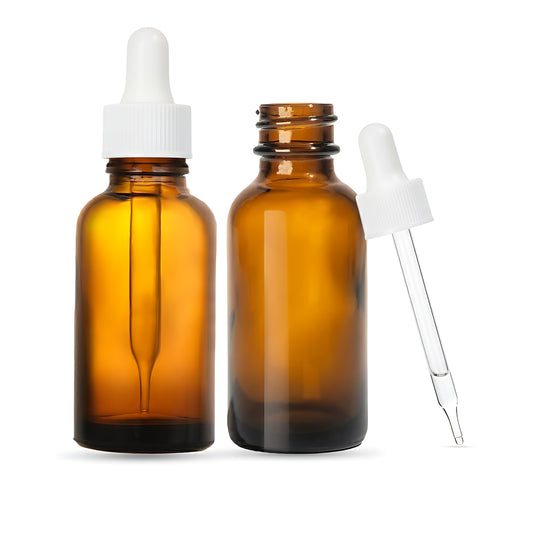 1oz Boston Round Amber + 20-400 White Glass Dropper Assembly  -- (720 Sets per Case) - Cosmetic Pack