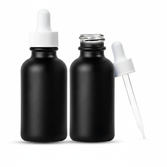 1oz/30ml Glass Black Boston Round + White Dropper