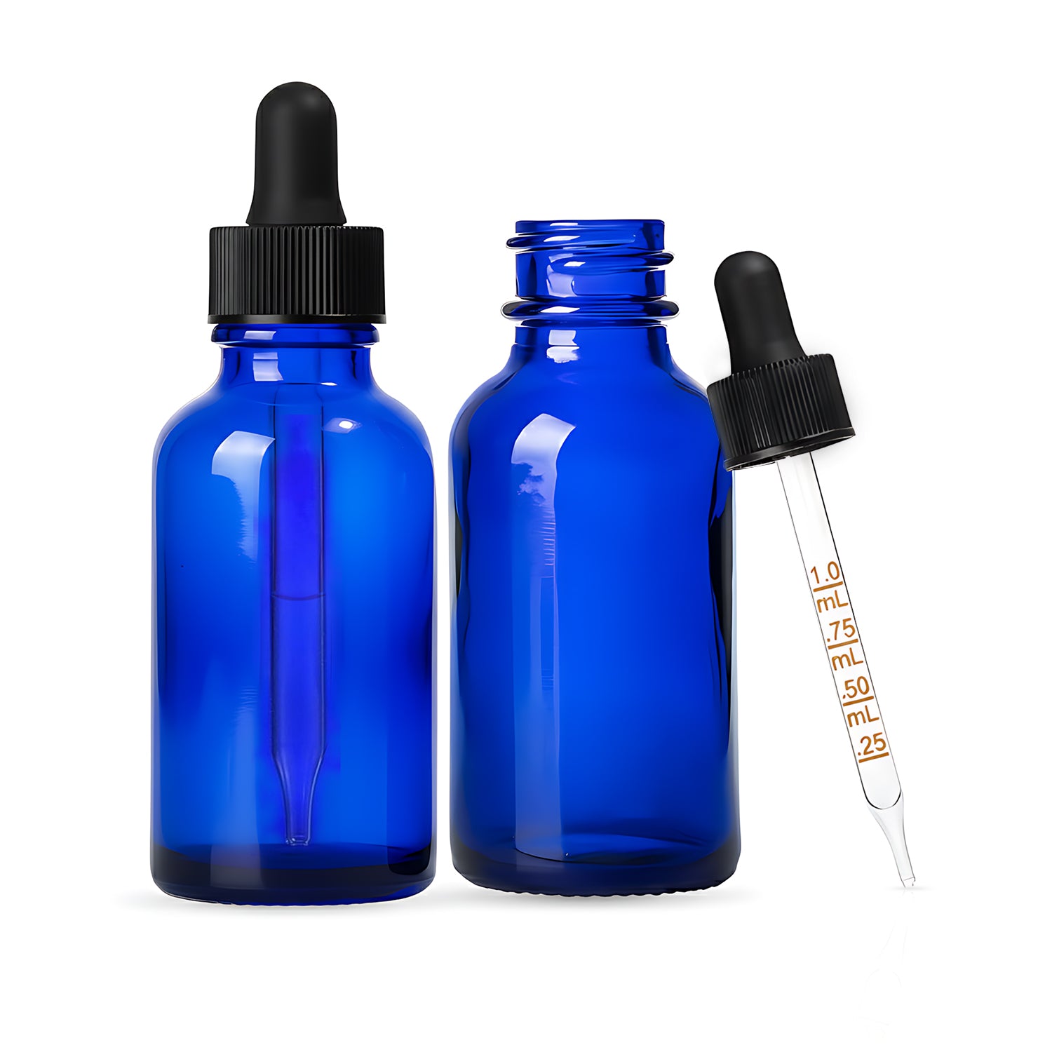 1oz/30ml Glass Cobalt Blue Boston Round + Black Dropper with Measurements (360 Bottles per Case) - Cosmetic Pack