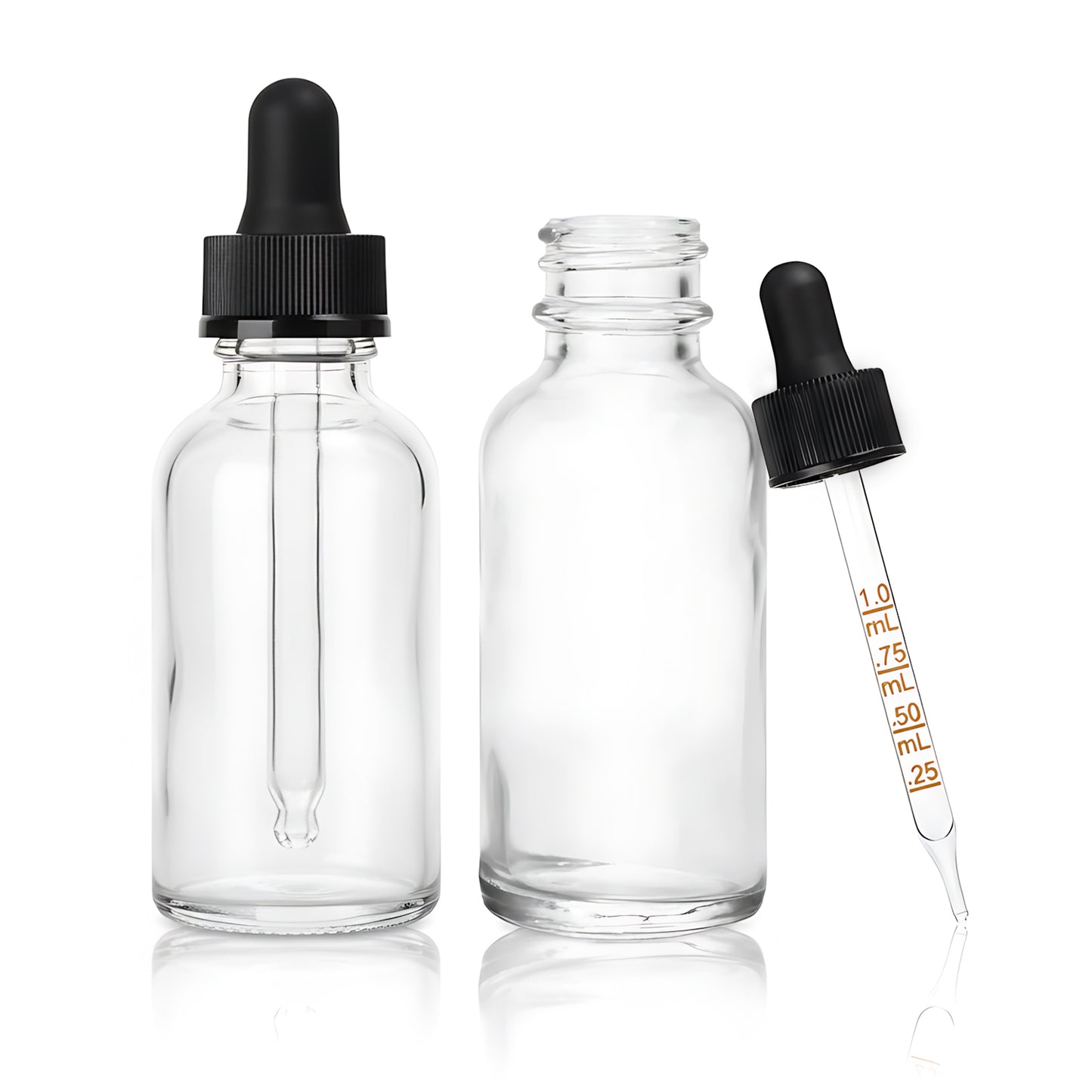 1oz/30ml Glass Clear Boston Round + White Graduated Dropper