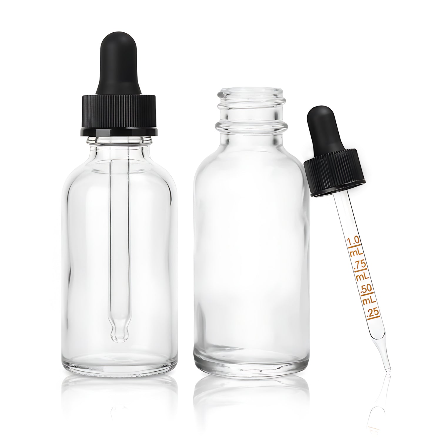 1oz/30ml Glass Clear Boston Round + White Graduated Dropper