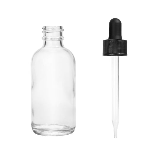 2oz Boston Round Flint + 20-400 Black Glass Dropper Assembly -- (480 Sets per Case) - Cosmetic Pack