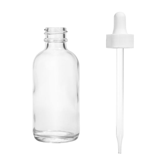 2oz Boston Round Flint + 20-400 White Glass Dropper Assembly -- (480 Sets per Case) - Cosmetic Pack