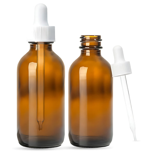 2oz Boston Round Amber + 20-400 White Glass Dropper Assembly -- (480 Sets per Case) - Cosmetic Pack