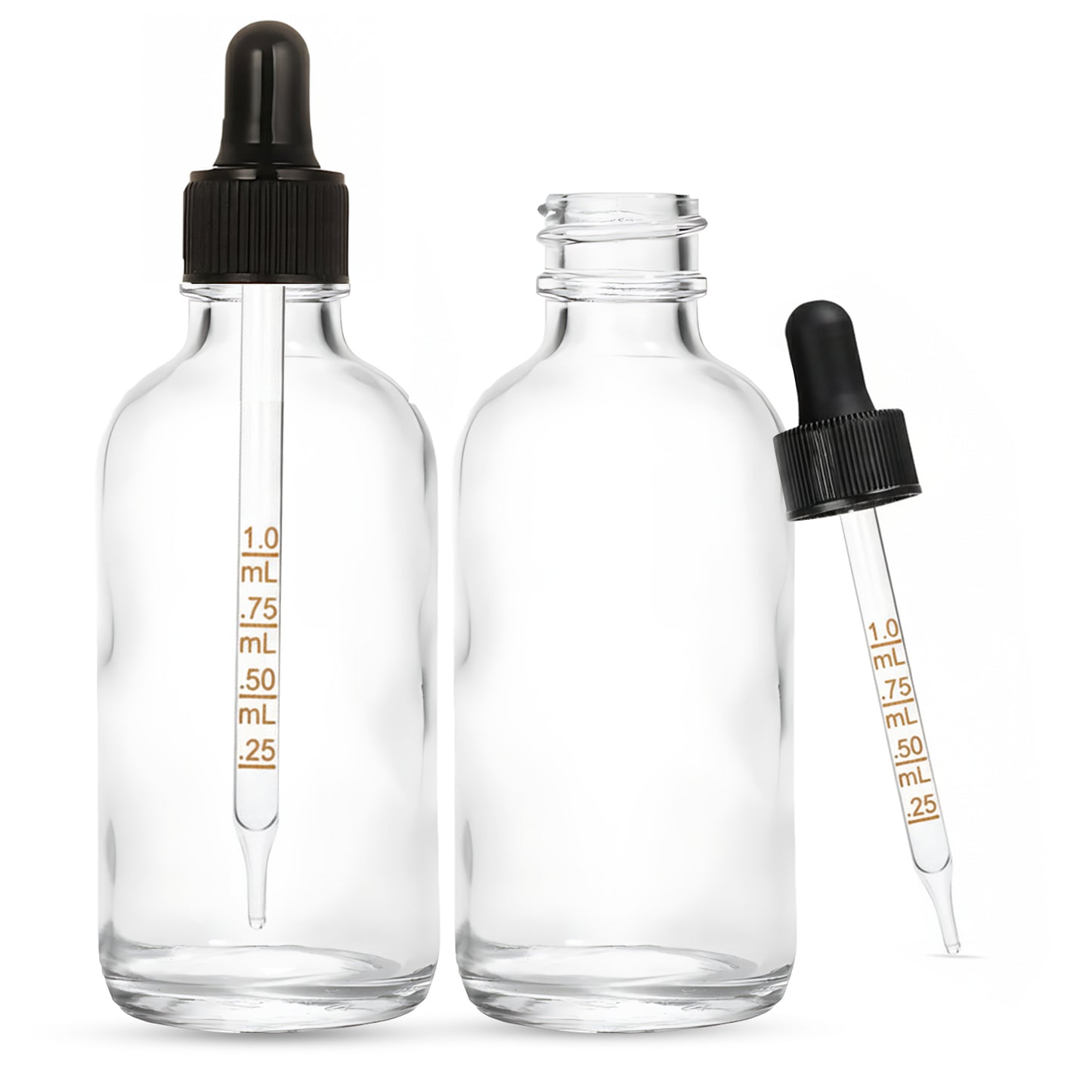 2oz Glass Clear Boston Round + Black Graduated Dropper