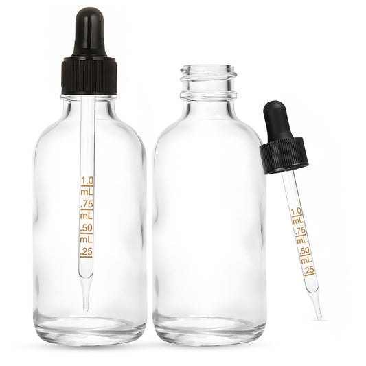 2oz Glass Clear Boston Round + Black Graduated Dropper