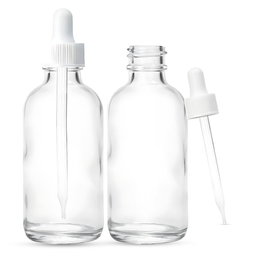 2oz Boston Round Flint + 20-400 White Glass Dropper Assembly -- (480 Sets per Case) - Cosmetic Pack
