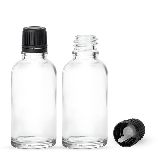 30ml Clear Euro Round + 18-415 Black Tamper-Evident Orifice Reducer Caps (312 Sets per Case)