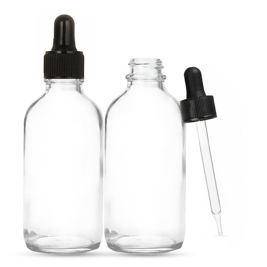 4oz Glass Clear Boston Round + Black Dropper - Cosmetic Pack