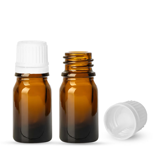 5ml Amber Euro Round + 18-415 White Tamper-Evident Orifice Reducer Caps (255 Sets per Case)