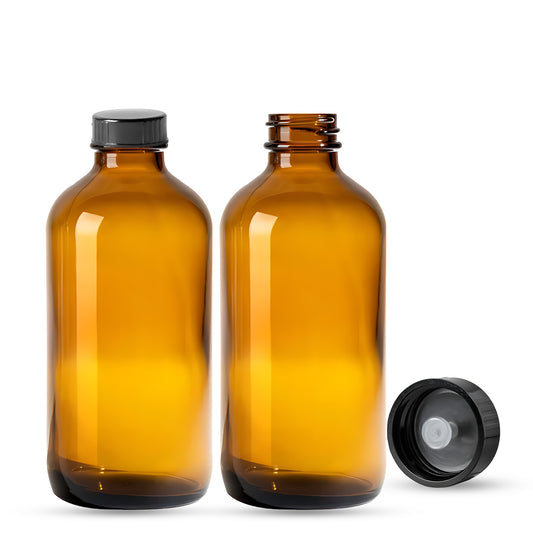 8oz Amber Boston Round +  Black Plastic Cap