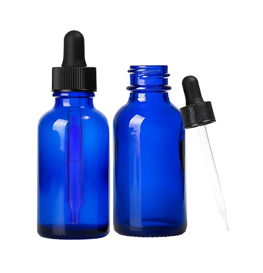 1oz/30ml Glass Cobalt Blue Boston Round + Black Dropper (360 Bottles per Case) - Cosmetic Pack