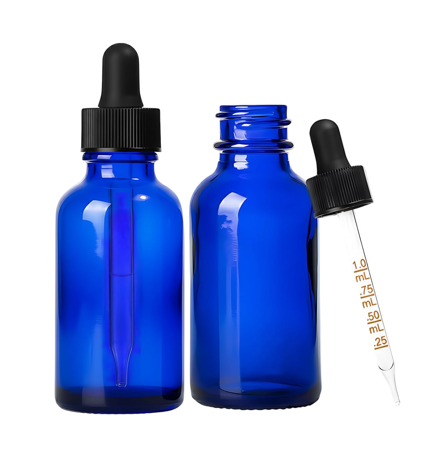 1oz/30ml Glass Cobalt Blue Boston Round + Black Dropper with Measurements (360 Bottles per Case) - Cosmetic Pack