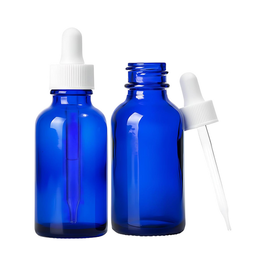 1oz/30ml Glass Cobalt Blue Boston Round + White Dropper (360 Bottles per Case) - Cosmetic Pack